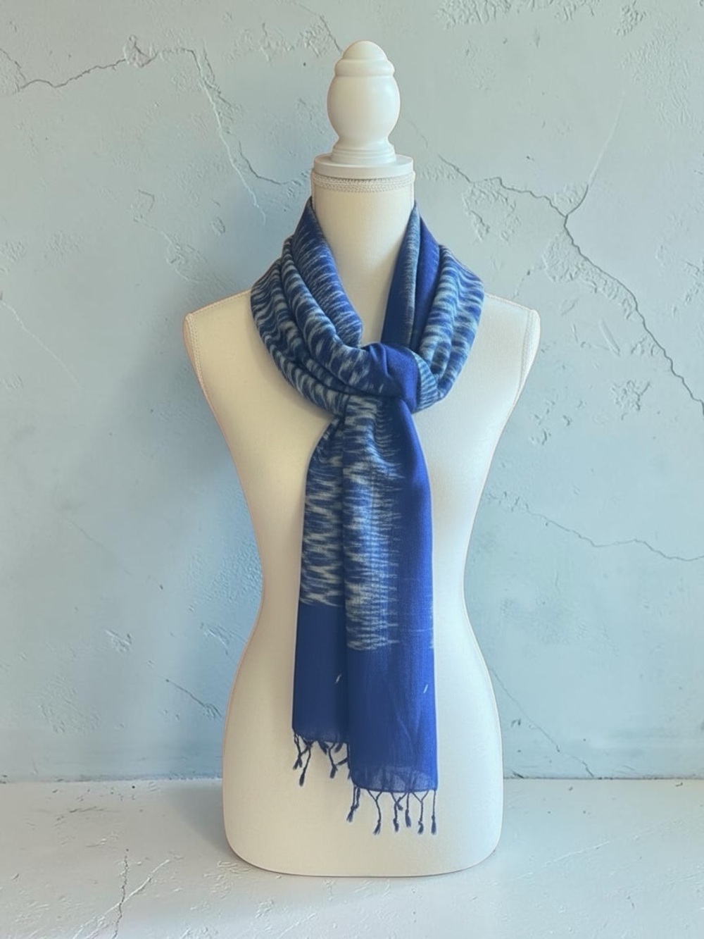 NWOT Vintage Large Blue Silk Scarf / Wrap With Tassels.